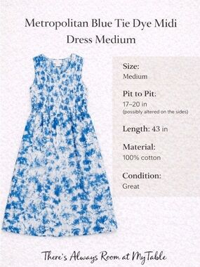 Metropolitan Blue Tie Dye Midi Dress Sleeveless Cotton Medium